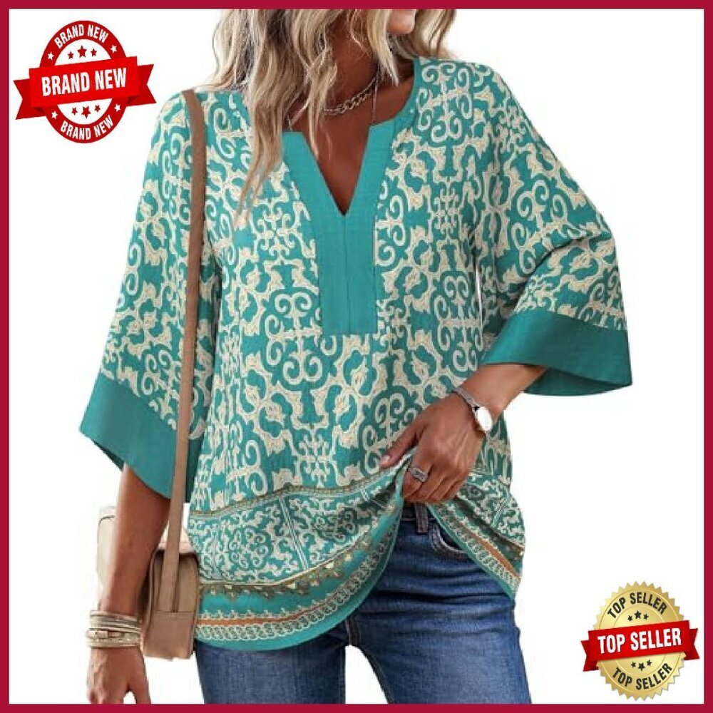 Women's 3/4 Sleeve V-Neck Floral Tunic Top Loose Fit Chiffon Blouse - Picture 3 of 8